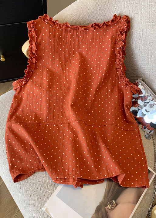 Shirts Dot Cotton Ruffled Art Sleeveless Button Orange FashionChic