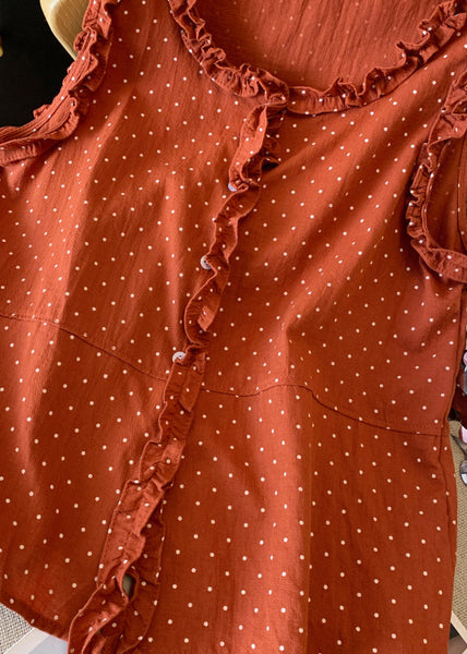 Shirts Dot Cotton Ruffled Art Sleeveless Button Orange FashionChic