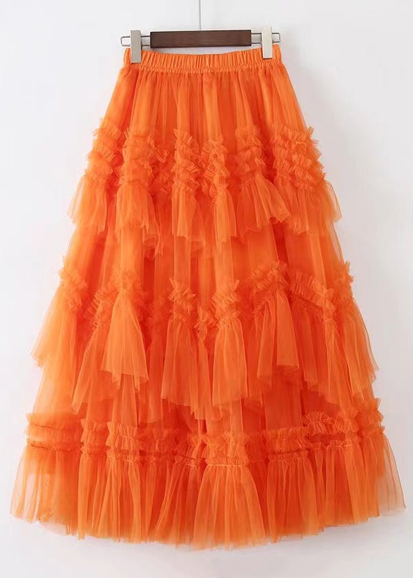 Art Orange Ruffled Elastic Waist Tulle Skirt Summer AS1013 Ada Fashion