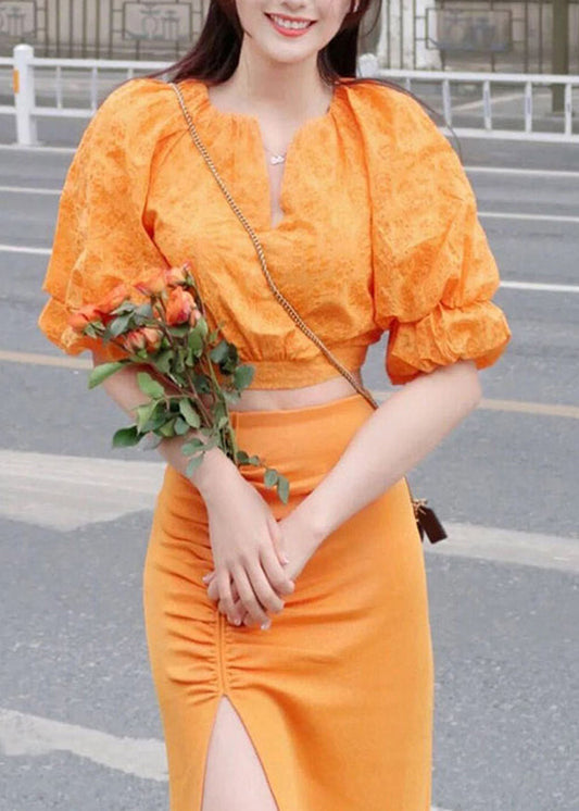 Art Orange V Neck Print Top And Skirts Two Pieces Set Lantern Sleeve UU1058 SH-LF-TPIEC240526