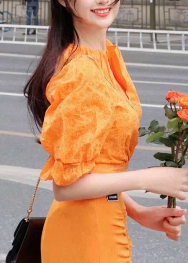 Art Orange V Neck Print Top And Skirts Two Pieces Set Lantern Sleeve UU1058 SH-LF-TPIEC240526