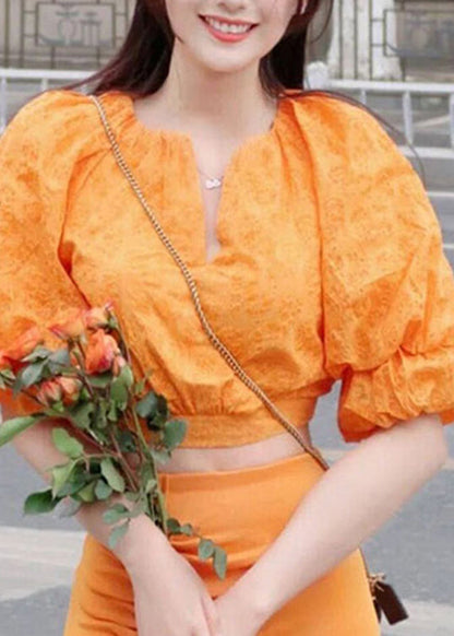 Art Orange V Neck Print Top And Skirts Two Pieces Set Lantern Sleeve UU1058 SH-LF-TPIEC240526