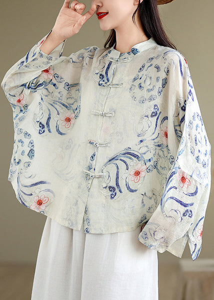 Art Oversized Print Chinese Button Linen Blouses Spring TM028 ABC