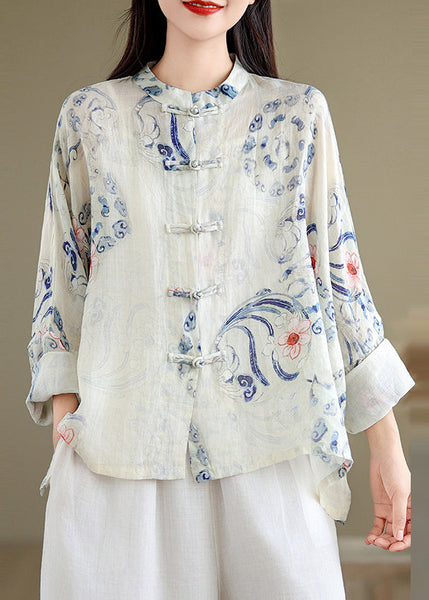 Art Oversized Print Chinese Button Linen Blouses Spring TM028 ABC