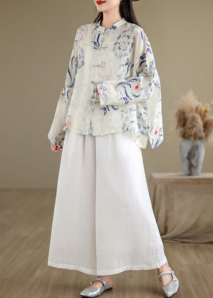 Art Oversized Print Chinese Button Linen Blouses Spring TM028 ABC