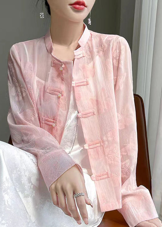 Art Pink Butterfly Button Silk Blouse Fall AB1053 Genistyle Shop