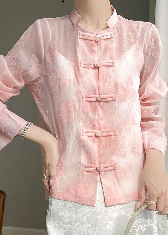 Art Pink Butterfly Button Silk Blouse Fall AB1053 Genistyle Shop