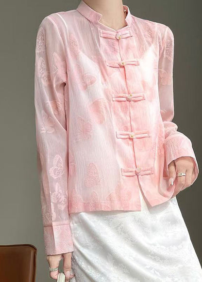 Art Pink Butterfly Button Silk Blouse Fall AB1053 Genistyle Shop