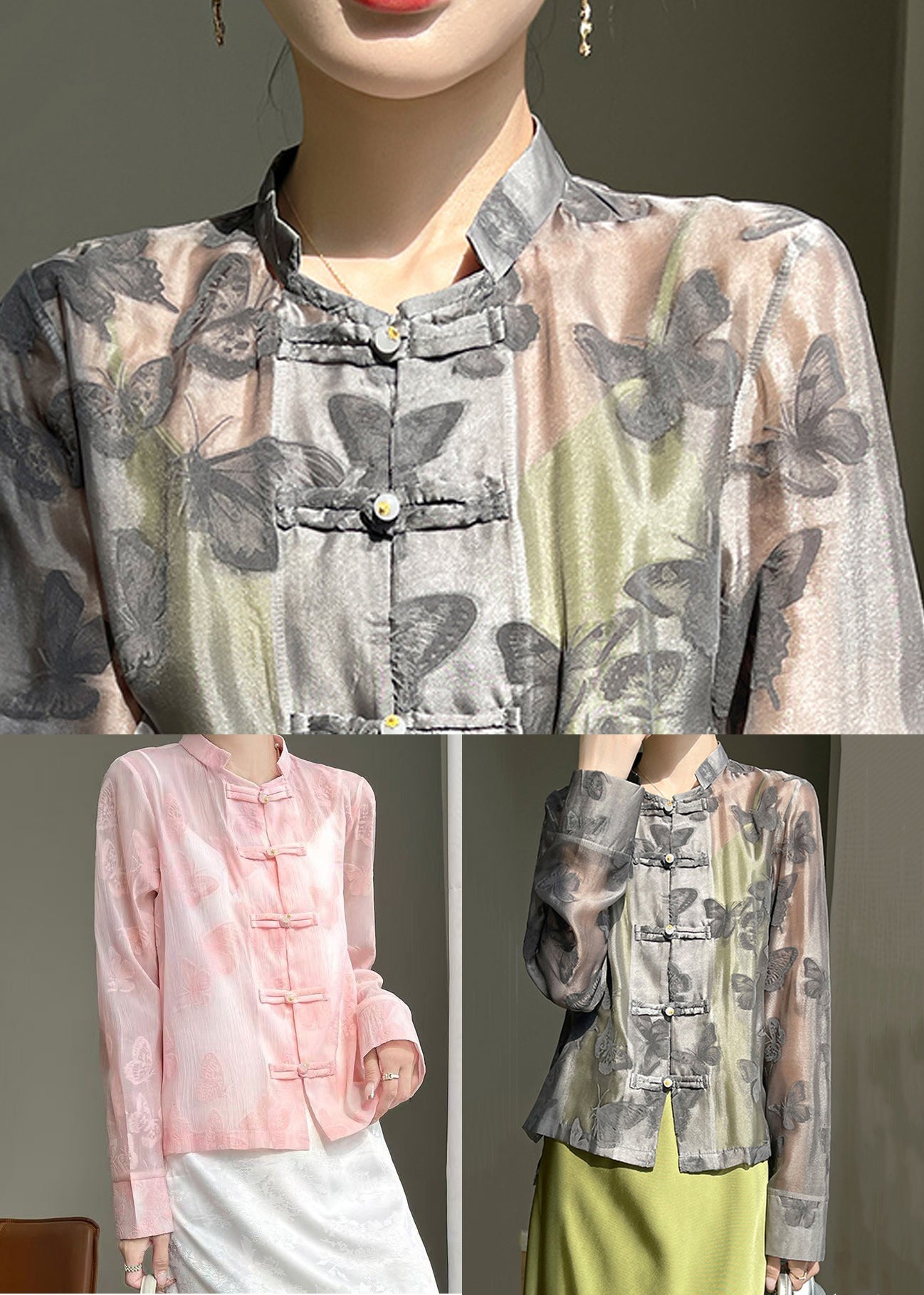 Art Pink Butterfly Button Silk Blouse Fall AB1053 Genistyle Shop