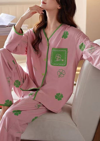 Pajamas Print Art Pants Two Set Pink Cotton Piece Button And Tops FashionChic