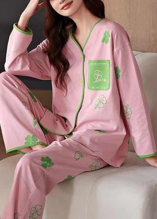 Pajamas Print Art Pants Two Set Pink Cotton Piece Button And Tops FashionChic