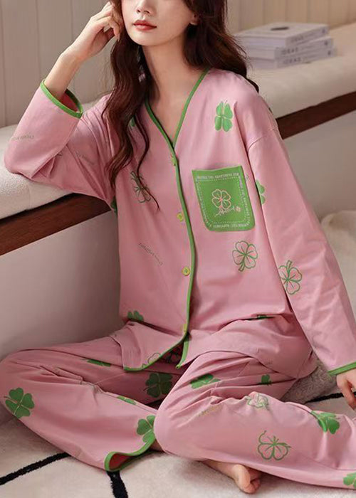 Pajamas Print Art Pants Two Set Pink Cotton Piece Button And Tops FashionChic