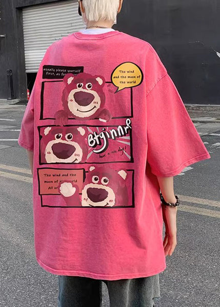 Half T Sleeve Cotton Shirts Pink Art Men Print Cartoon FashionChic
