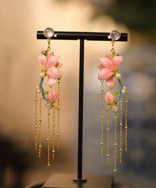 Art Pink Copper Overgild Enamel Jade Orchid Tassel Drop Earrings WQ009 JEW-EAR241102