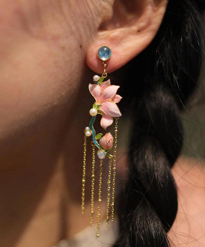 Art Pink Copper Overgild Enamel Jade Orchid Tassel Drop Earrings WQ009 JEW-EAR241102