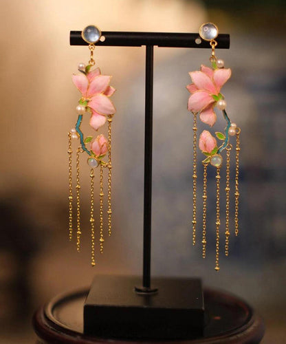 Art Pink Copper Overgild Enamel Jade Orchid Tassel Drop Earrings WQ009 JEW-EAR241102