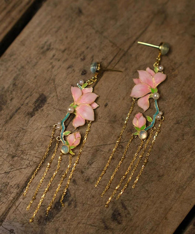 Art Pink Copper Overgild Enamel Jade Orchid Tassel Drop Earrings WQ009 JEW-EAR241102