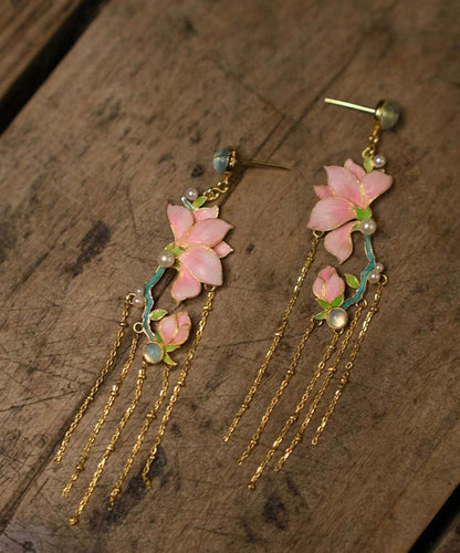 Art Pink Copper Overgild Enamel Jade Orchid Tassel Drop Earrings WQ009 JEW-EAR241102