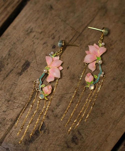 Art Pink Copper Overgild Enamel Jade Orchid Tassel Drop Earrings WQ009 JEW-EAR241102