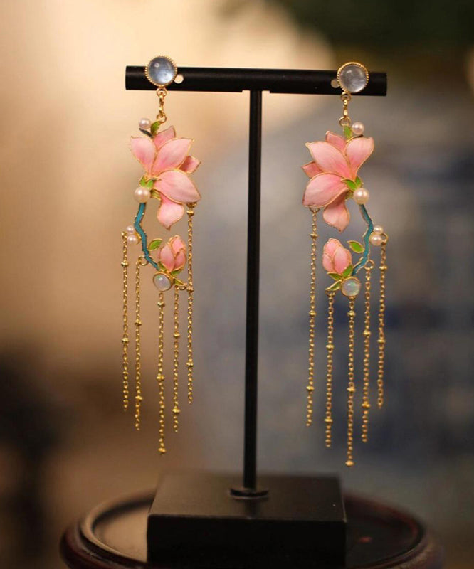 Art Pink Copper Overgild Enamel Jade Orchid Tassel Drop Earrings WQ009 JEW-EAR241102