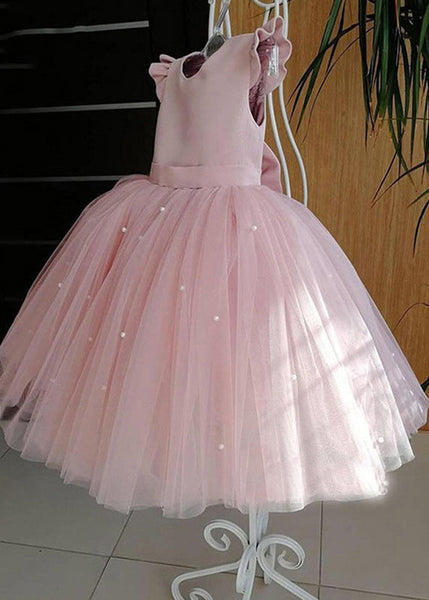 Art Pink Cute Pink Tulle Patchwork Pearl Girls Long Dresses Summer YS033 ABC