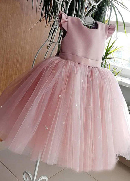 Art Pink Cute Pink Tulle Patchwork Pearl Girls Long Dresses Summer YS033 ABC