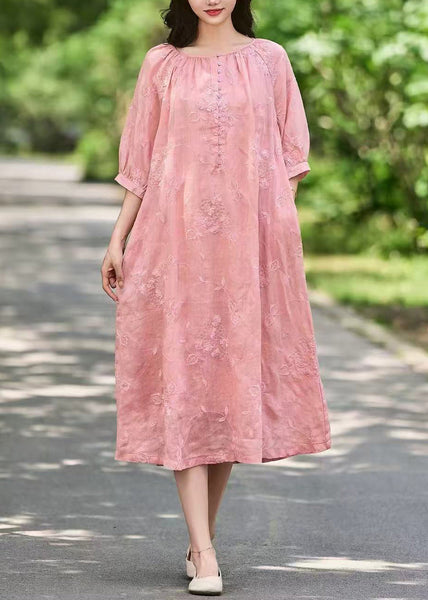 Pink Art Sleeve Long Linen Dress Button Half Pockets Embroidered FashionChic