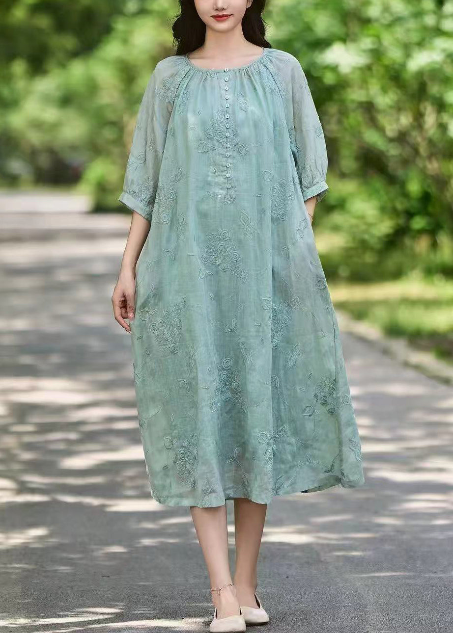Pink Art Sleeve Long Linen Dress Button Half Pockets Embroidered FashionChic