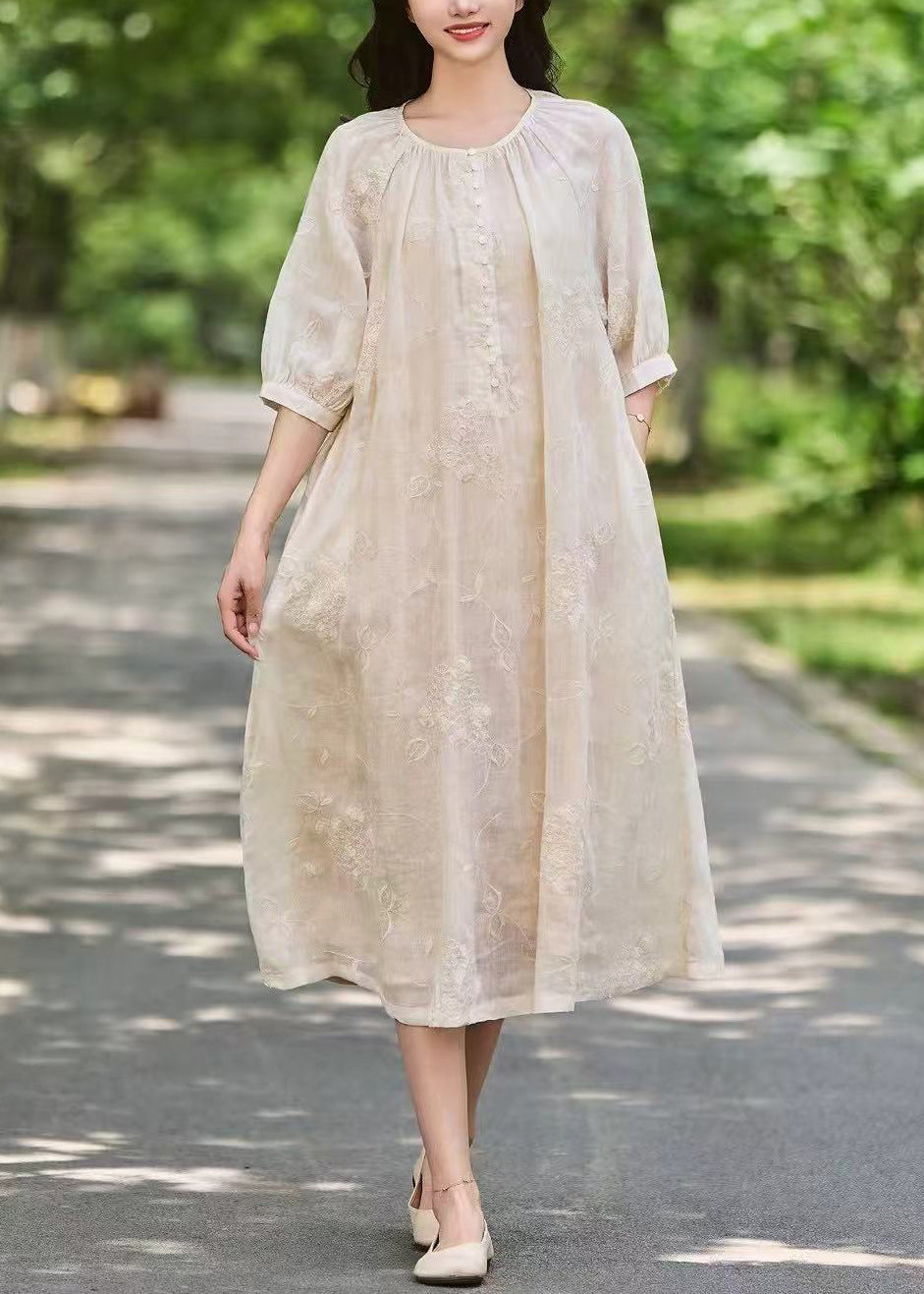 Pink Art Sleeve Long Linen Dress Button Half Pockets Embroidered FashionChic