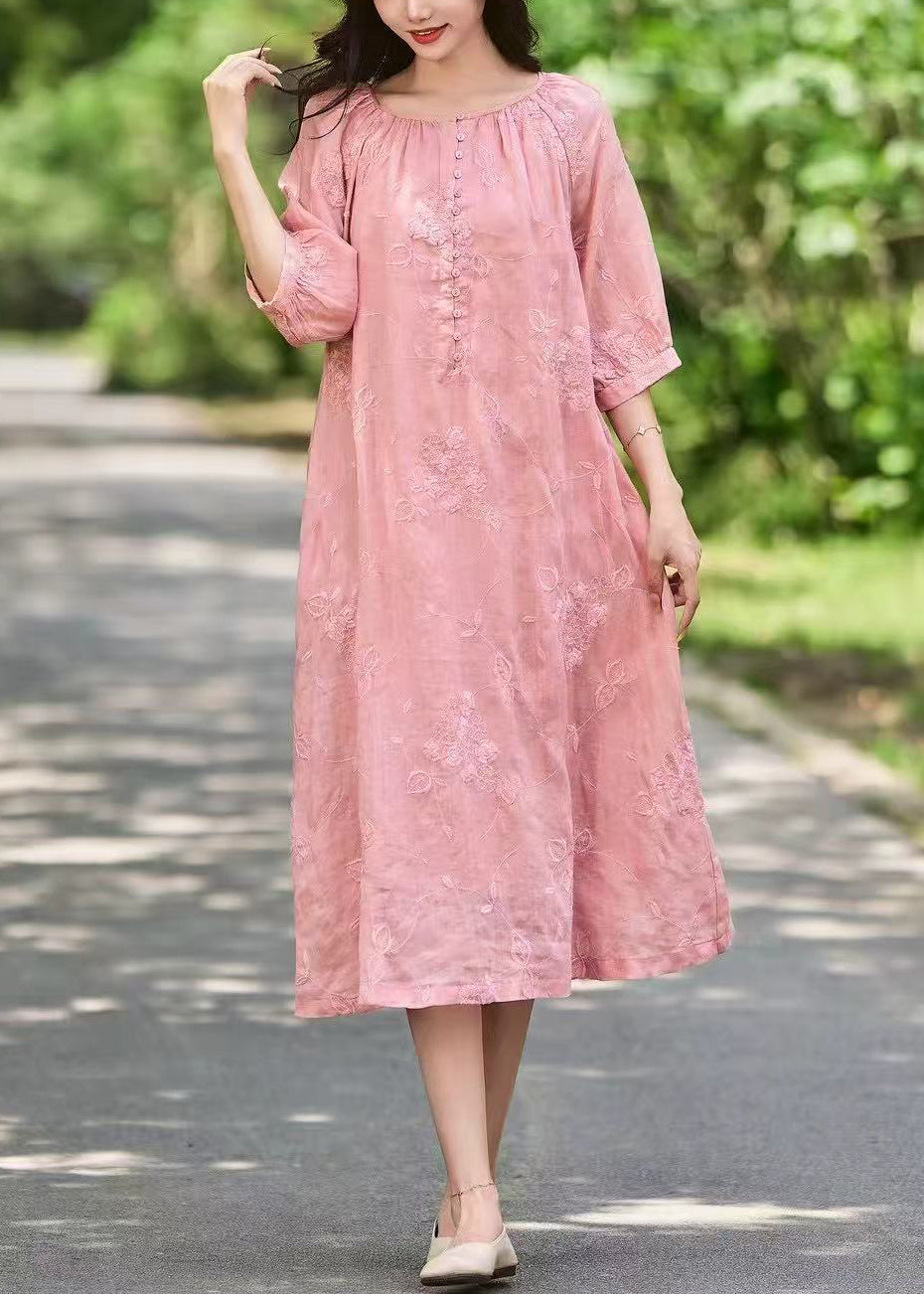 Pink Art Sleeve Long Linen Dress Button Half Pockets Embroidered FashionChic