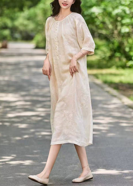 Pink Art Sleeve Long Linen Dress Button Half Pockets Embroidered FashionChic