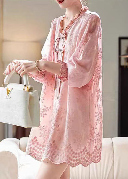 Art Pink Embroidered Ruffled Shirts Dress Fall AC1005 Genistyle Shop