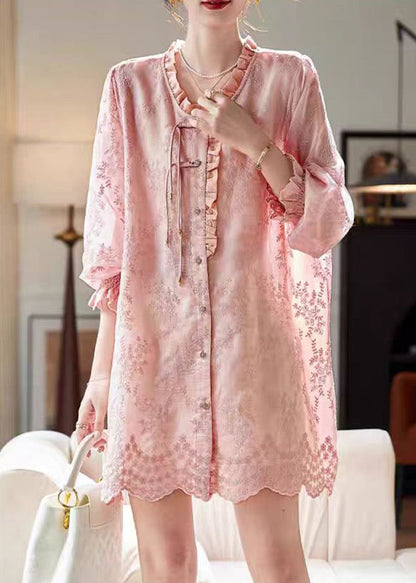 Art Pink Embroidered Ruffled Shirts Dress Fall AC1005 Genistyle Shop