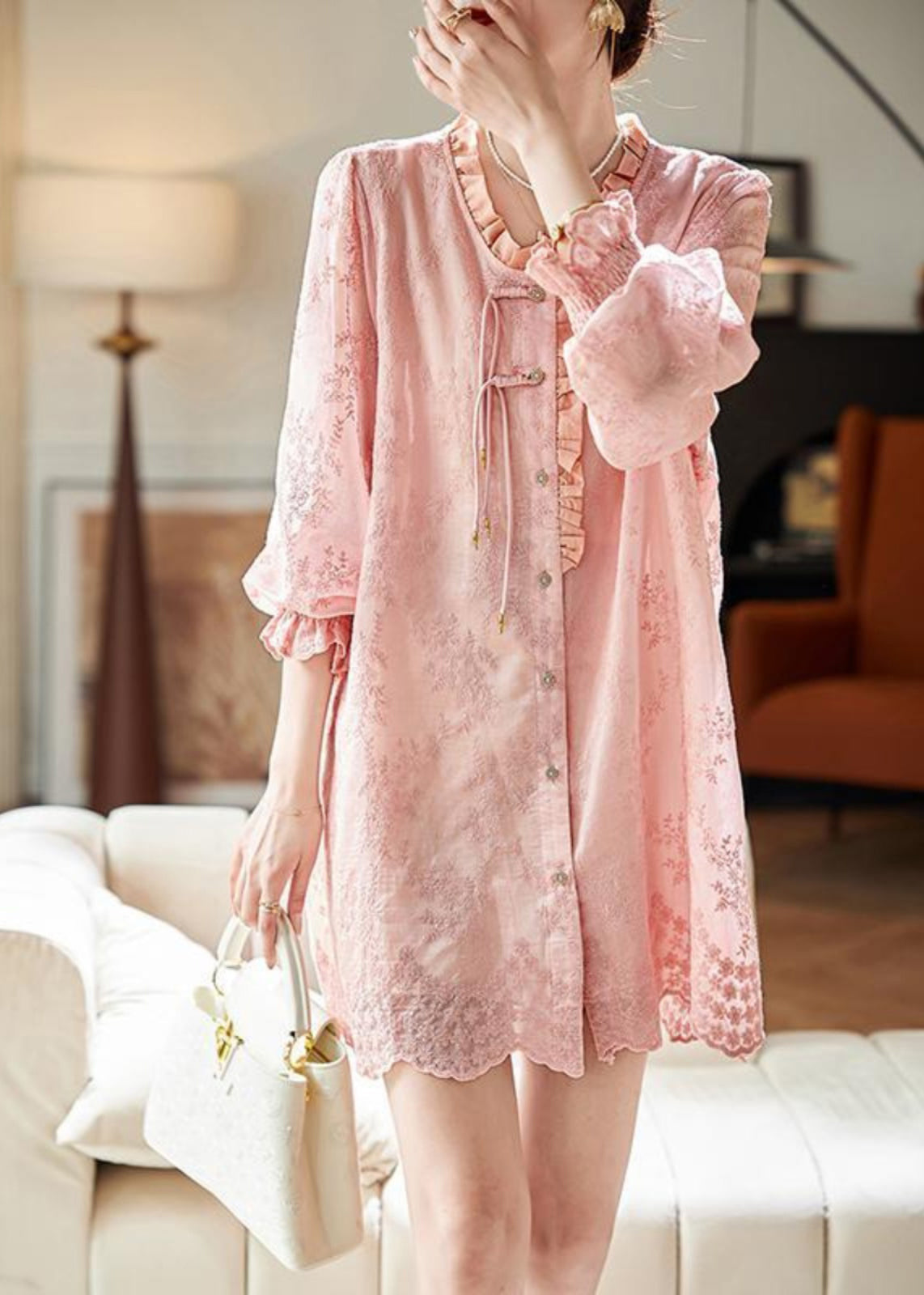 Art Pink Embroidered Ruffled Shirts Dress Fall AC1005 Genistyle Shop