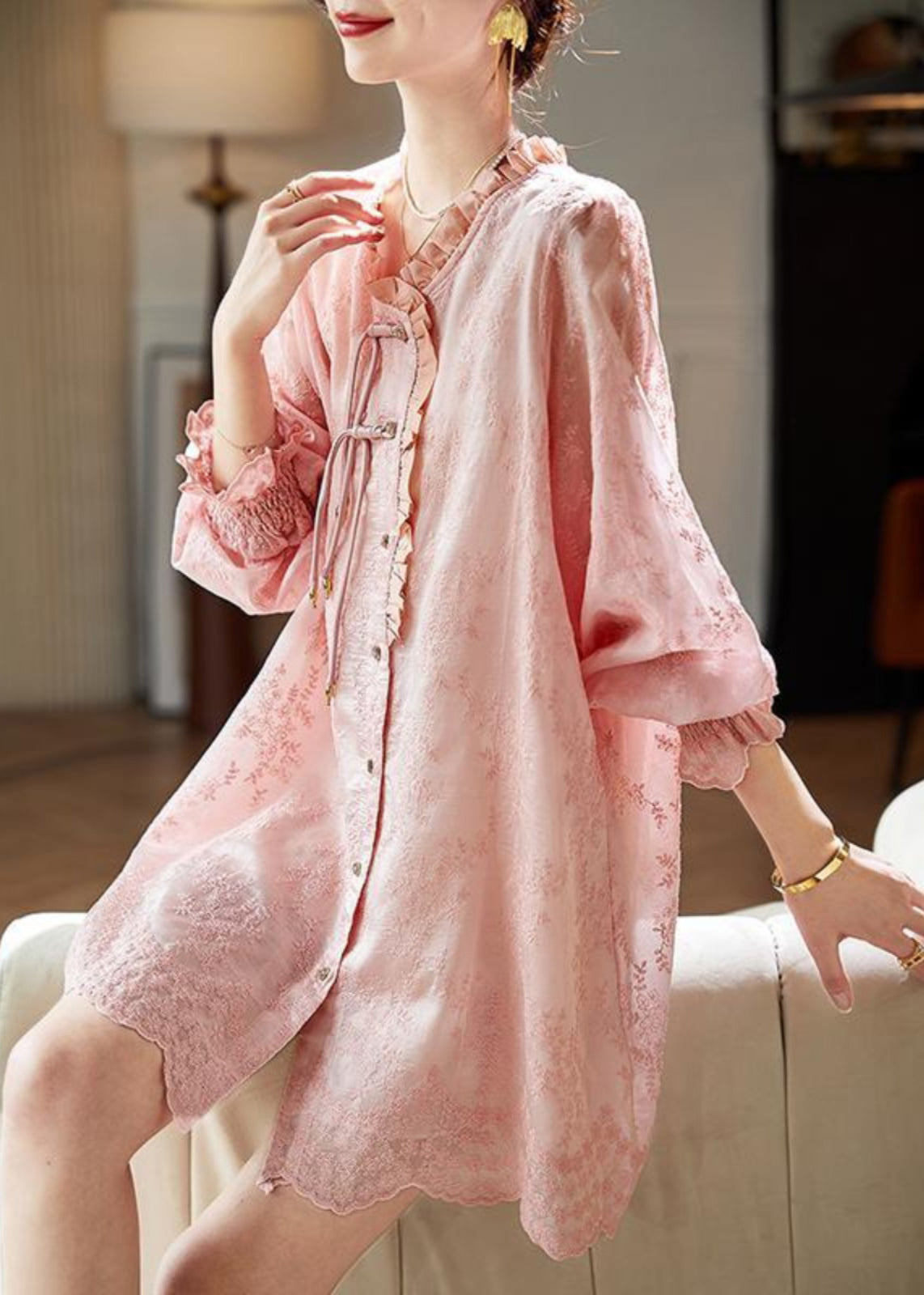 Art Pink Embroidered Ruffled Shirts Dress Fall AC1005 Genistyle Shop