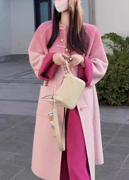 Art Pink Gradient Color Button Pockets Woolen Coat Winter WM018 ABC