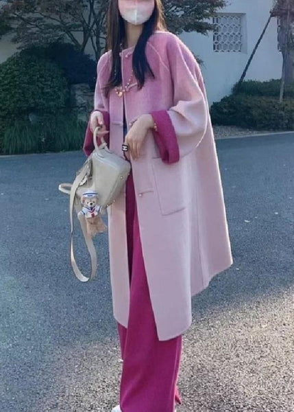 Art Pink Gradient Color Button Pockets Woolen Coat Winter WM018 ABC