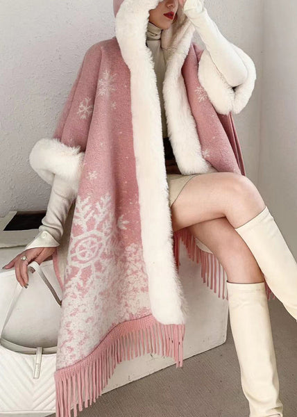 Art Pink Hooded Fur Collar Warm Fleece Cape Coats Batwing Sleeve RC020 ABC