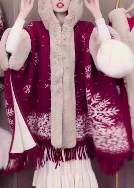 Art Pink Hooded Fur Collar Warm Fleece Cape Coats Batwing Sleeve RC020 ABC