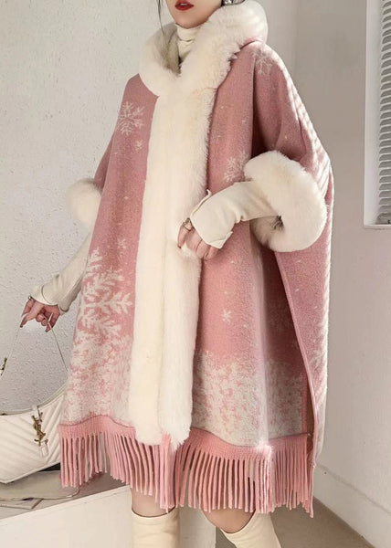 Art Pink Hooded Fur Collar Warm Fleece Cape Coats Batwing Sleeve RC020 ABC