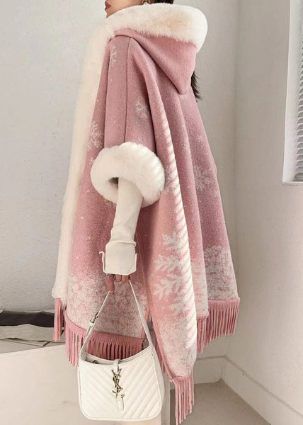 Art Pink Hooded Fur Collar Warm Fleece Cape Coats Batwing Sleeve RC020 ABC