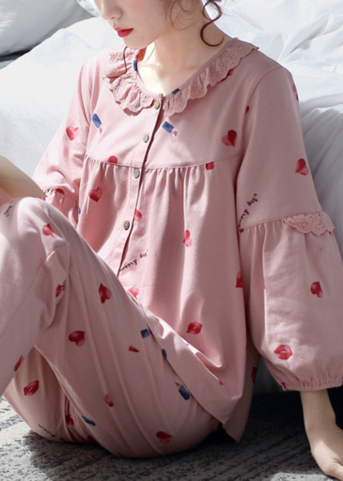 Pink Pajamas Two Print Cotton Set Pieces Fall Lace Art Button FashionChic