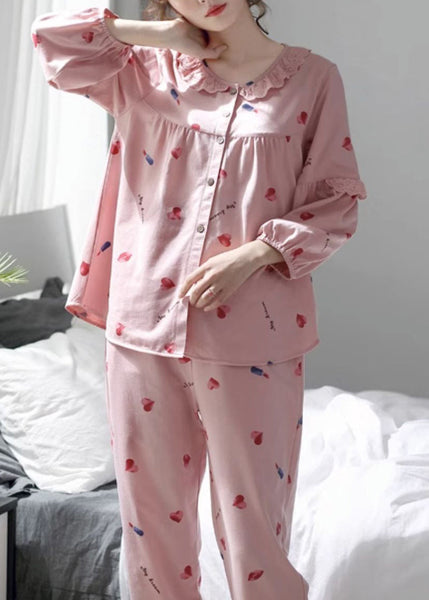 Pink Pajamas Two Print Cotton Set Pieces Fall Lace Art Button FashionChic
