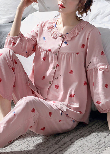 Pink Pajamas Two Print Cotton Set Pieces Fall Lace Art Button FashionChic