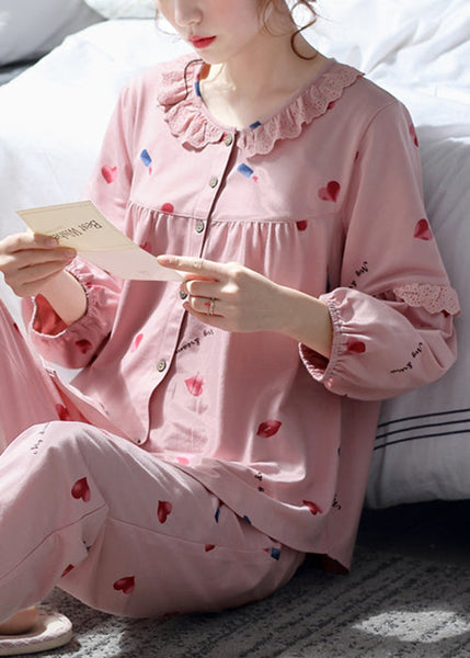 Pink Pajamas Two Print Cotton Set Pieces Fall Lace Art Button FashionChic