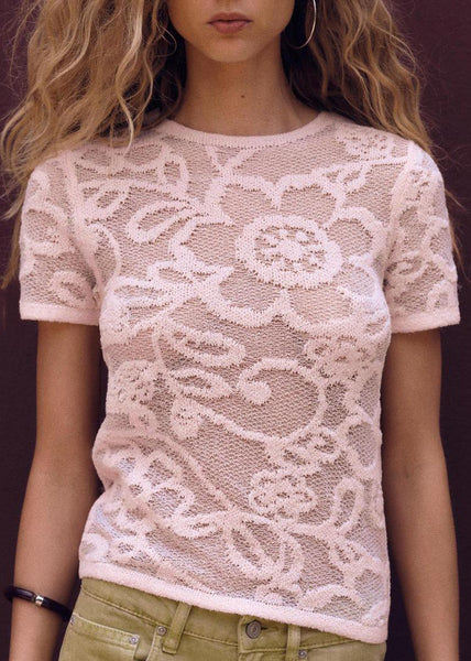 Pink Art Neck Hollow Shirts O Summer T Out Knit FashionChic