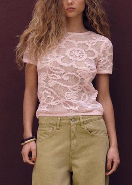 Pink Art Neck Hollow Shirts O Summer T Out Knit FashionChic