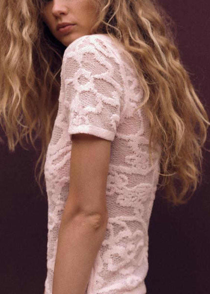 Pink Art Neck Hollow Shirts O Summer T Out Knit FashionChic