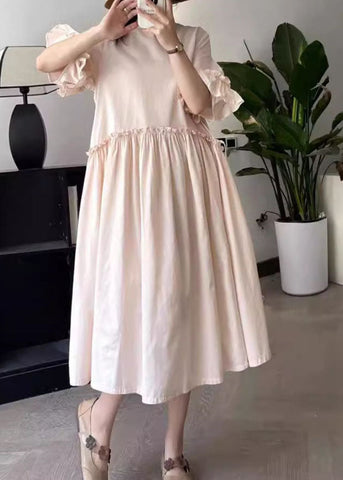 Art Pink O-Neck Wrinkled Long Dresses Summer BV031 MZF-SDL240702