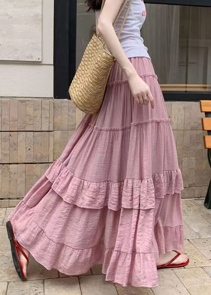Ruffled Skirts Art Waist Elastic Summer Pink Cotton FashionChic